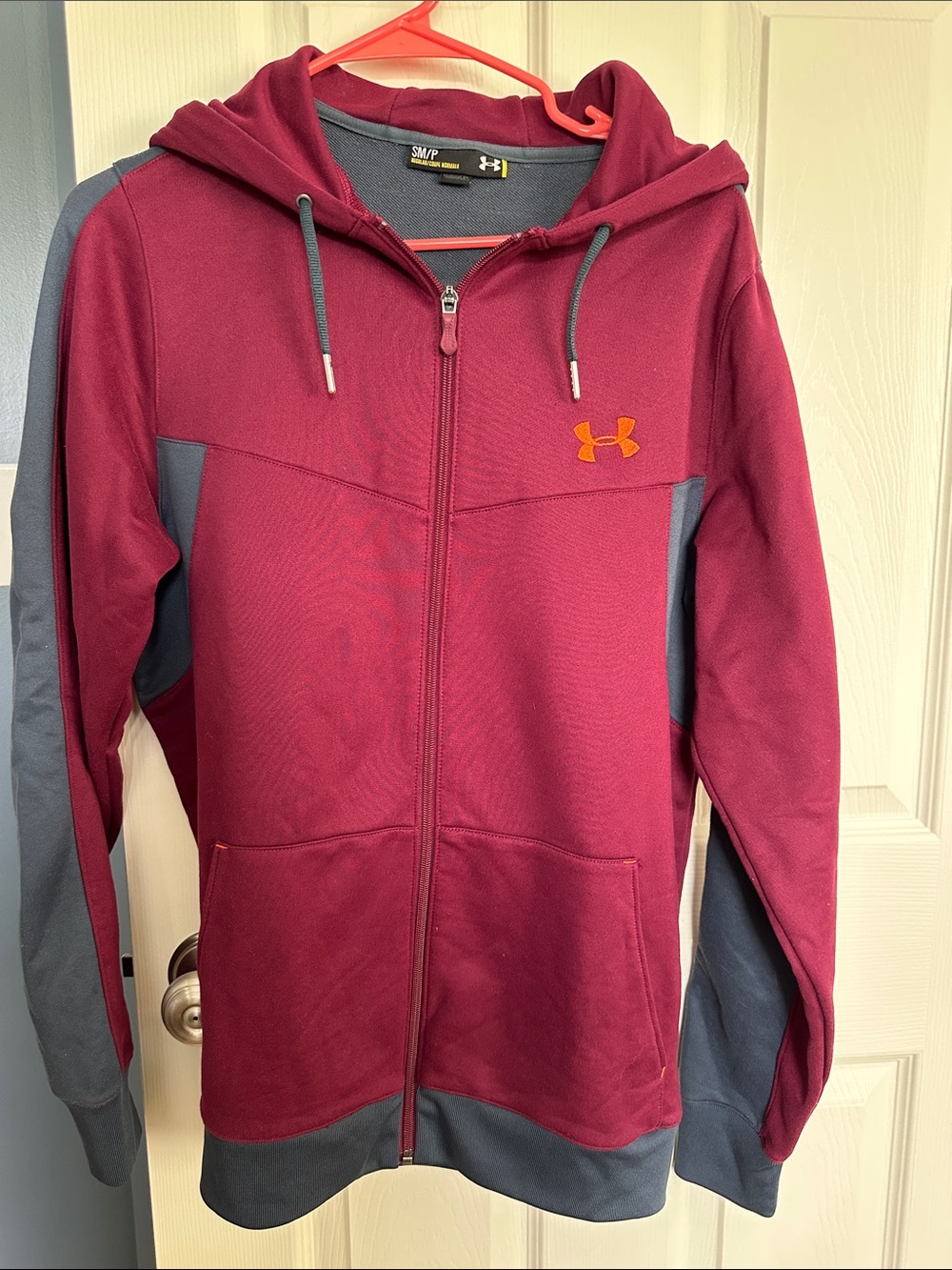 Under Armour Maroon Hoodie with Gray Panels and Orange Logo - Size Small